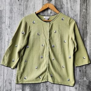 Christopher & Banks Green Embroidered Nautical Sailboat Cardigan Medium
